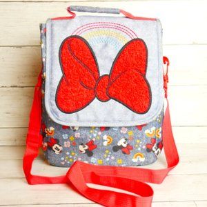 Disney Minnie Mouse Insulated Lunch Bag Blue Denim with Red Bow & Rainbow